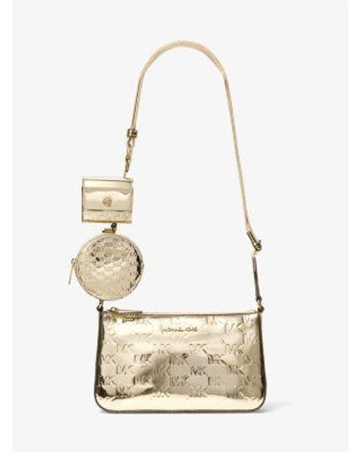 Michael Kors White Jet Set Small Metallic Logo Debossed Crossbody Bag With Case For Apple Airpods Pro
