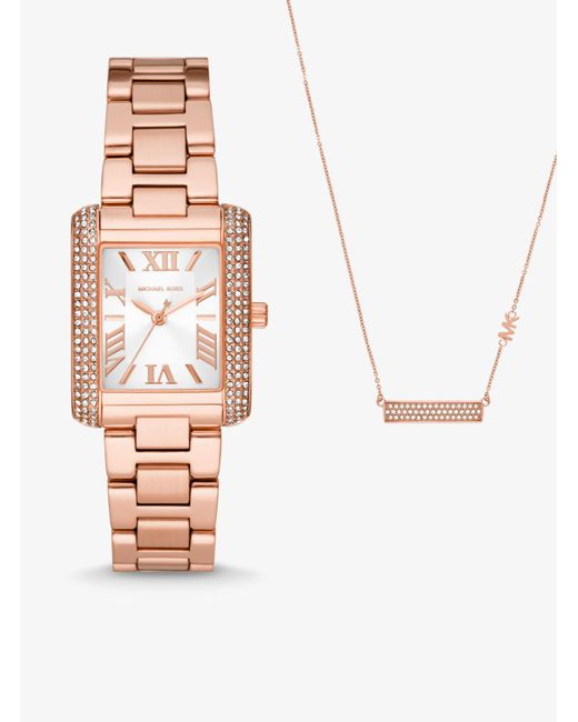 Set de regalo de collar y reloj Emery mini en tono dorado rosa con incrustaciones Michael Kors de color Metallic