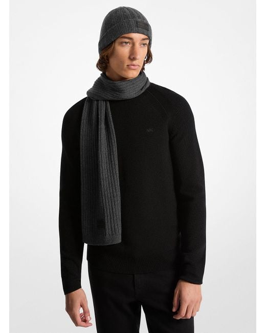 Michael Kors Mk Ribbed Knit Beanie Hat And Scarf Set in Black for