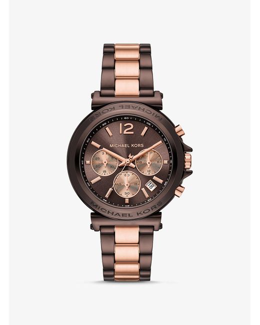 Michael Kors Multicolor Maren Chronograph Chocolate And Rose Gold-tone Stainless Steel Watch 40mm