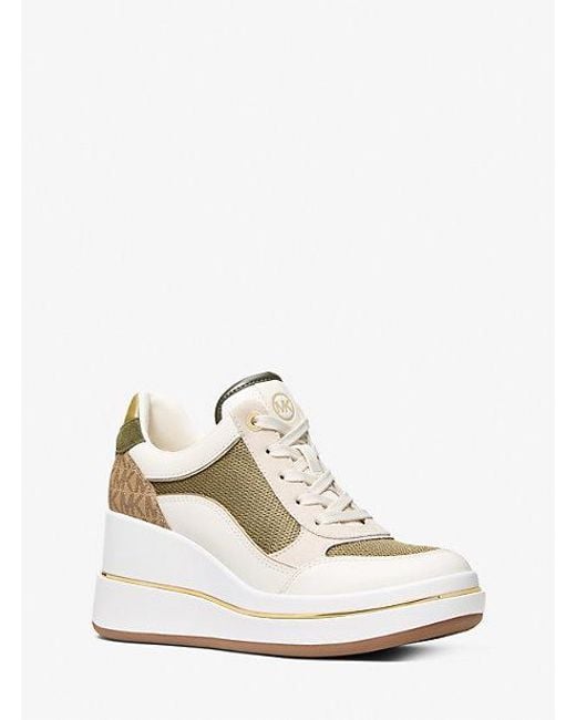 Michael Kors White Mk Emmy Leather And Leopard Print Calf Hair Wedge Trainer