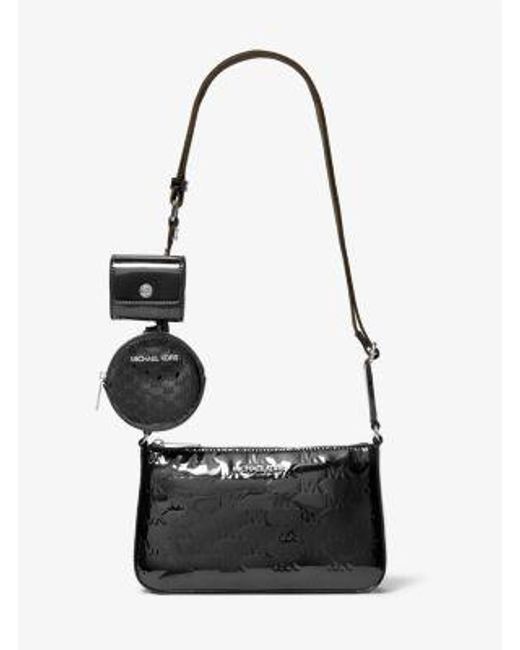 Michael Kors White Jet Set Small Patent Logo Debossed Crossbody Bag With Case For Apple Airpods Pro