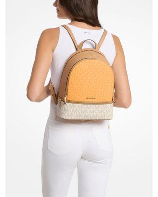 Michael Kors Natural Rhea Medium Color-Block Signature Logo Backpack