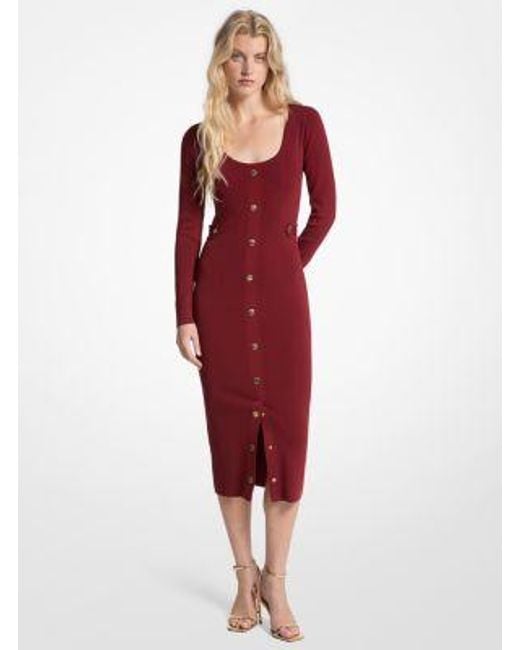 Michael Kors Red Ribbed Stretch Viscose Midi Dress