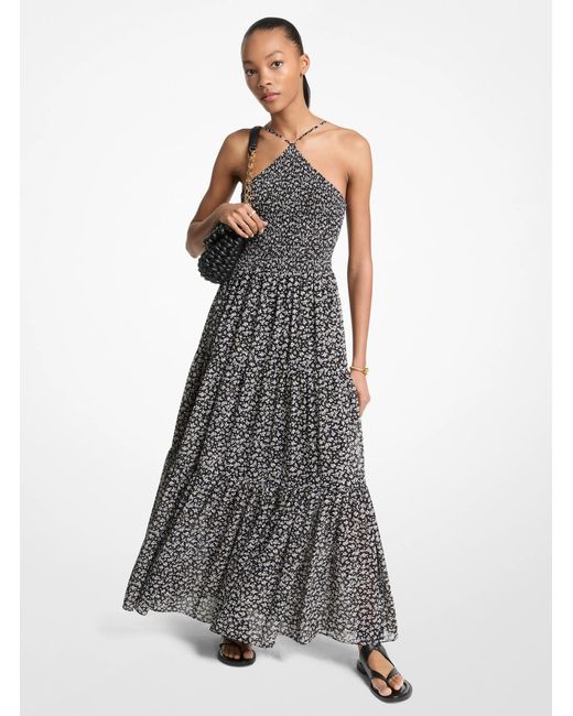 MICHAEL Michael Kors Gray Mk Floral Print Smocked Halter Maxi Dress