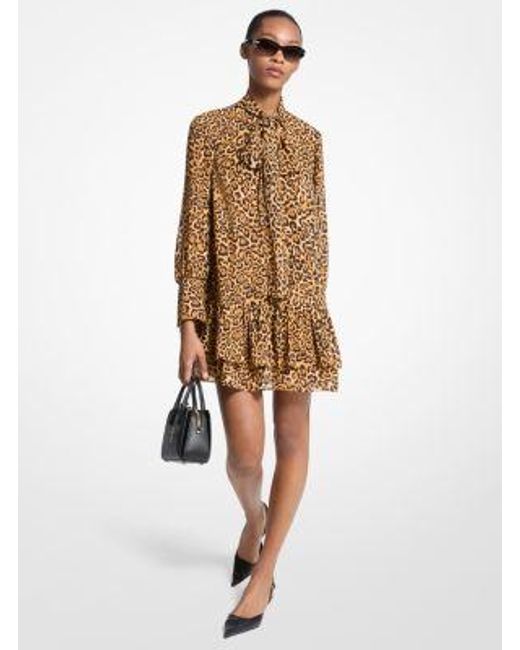 Michael Kors Women's Natural Leopard Print Georgette Tie-Neck Dress