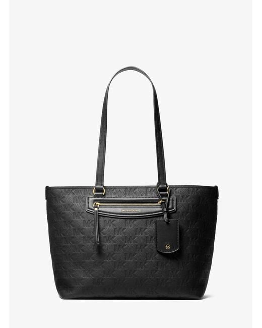 MICHAEL Michael Kors Black Mk Jet Set Travel Medium Logo Embossed Leather Tote Bag