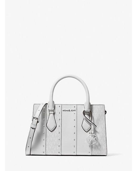 Michael Kors White Sheila Small Studded Patchwork And Signature Logo Satchel