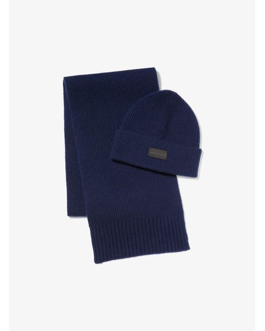 Michael Kors Blue Mk Wool Beanie Hat And Scarf Set for men