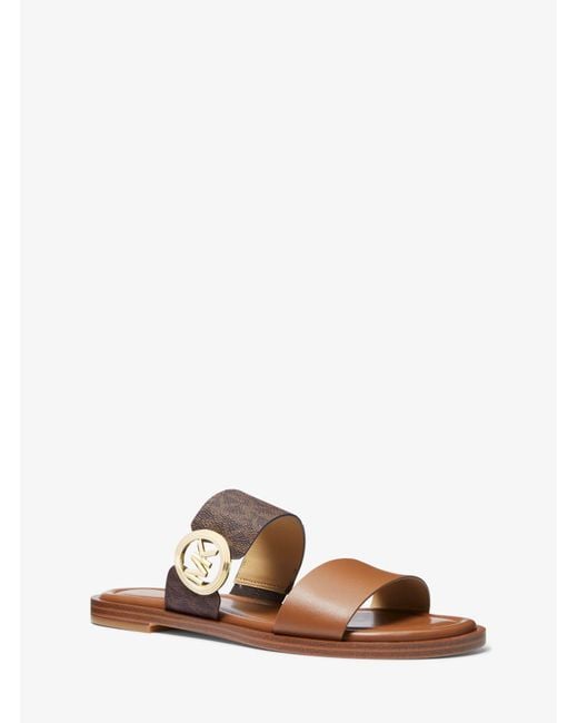 Michael Kors Brown Mk Vera Leather And Signature Logo Slide Sandal