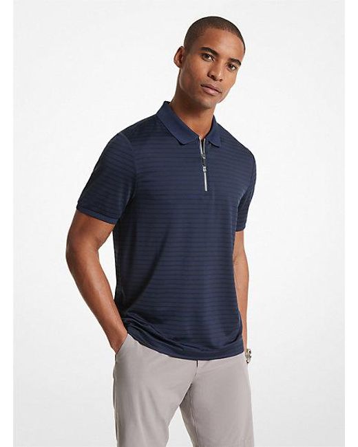 Michael Kors Blue Striped Tech Performance Zip-up Polo Shirt for men