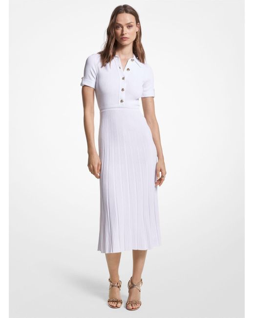 Michael Kors White Ribbed Stretch Knit Polo Dress