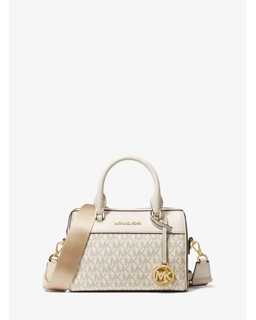 Michael Kors Jet Set Travel Small Logo And Faux Leather Duffle Crossbody Bag  in Natural | Lyst