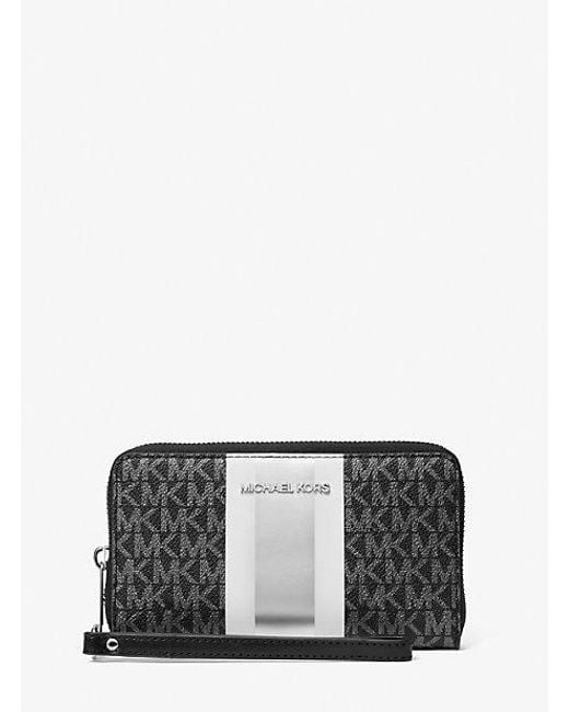 Michael Kors Gray Jet Set Large Metallic Signature Logo Stripe Smartphone Wallet