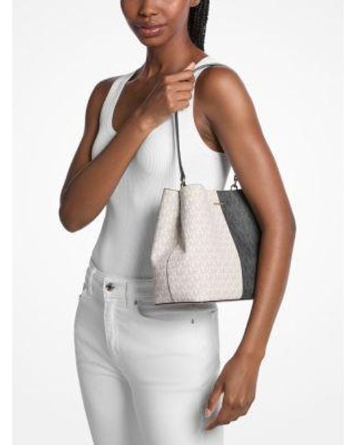 Michael Kors White Pratt Medium Two-Tone Signature Logo Shoulder Bag