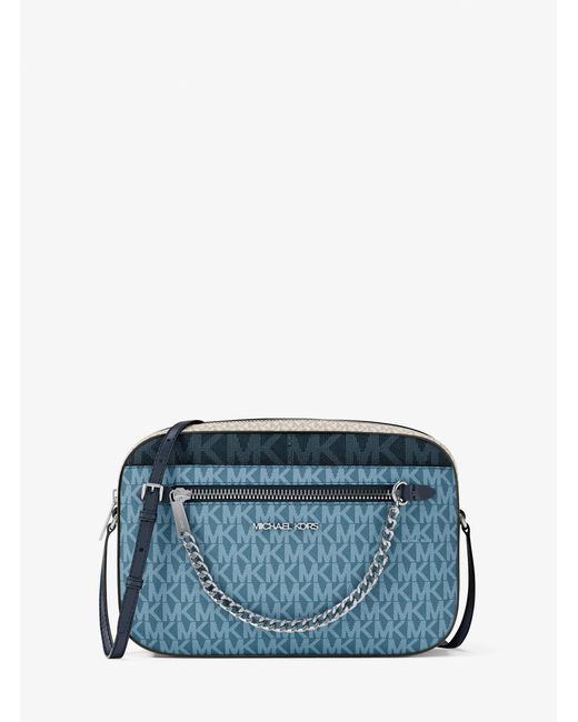 Michael Kors Outlet Blue Mk Jet Set Large Signature Logo Crossbody Bag