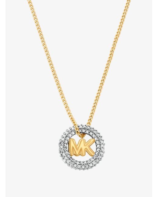 Michael Kors White Pavé And Logo Charm Two-Tone Necklace