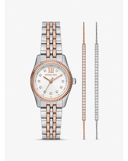 Michael Kors White Mk Lexington Pavé Two-Tone Watch And Slider Bracelet Gift Set