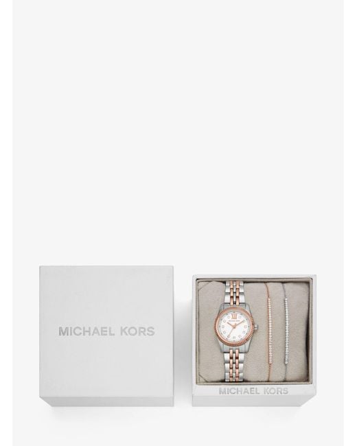 Set regalo bracciale con cursore e orologio Lexington bicolore con pavé di Michael Kors in White