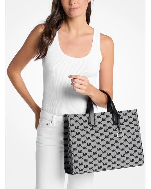 Michael Kors Outlet Gray Mk Gigi Large Logo Jacquard Large Tote Bag