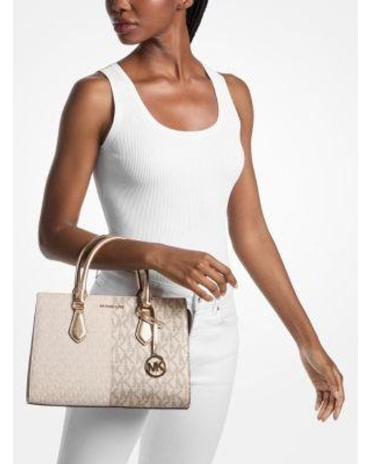 Michael Kors Natural Sheila Medium Two-Tone Metallic Signature Logo Satchel