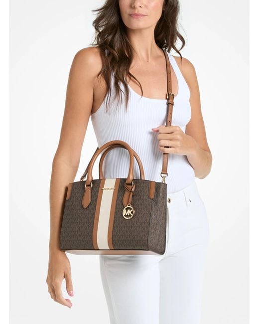 MICHAEL Michael Kors Brown Mk Becca Medium Signature Logo Stripe Satchel