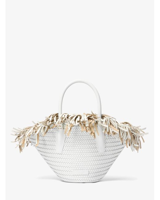 Michael Kors White Sardinia Mini Hand-Woven Leather Basket Tote Bag