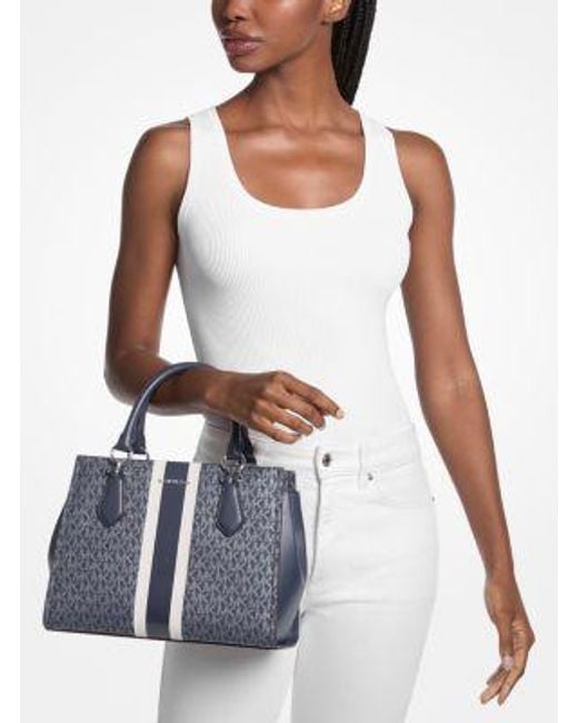 Michael Kors Blue Marilyn Medium Signature Logo Stripe Satchel