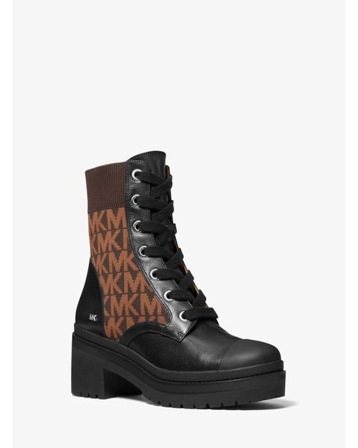 Michael Kors Brea Leather And Logo Jacquard Combat Boot in Brown | Lyst ...