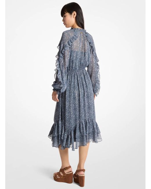 MICHAEL Michael Kors Blue Mk Ruffled Metallic Floral Print Georgette Midi Dress