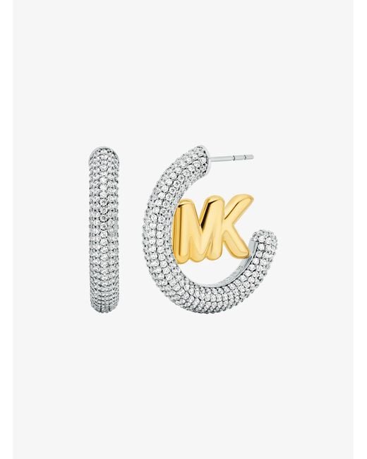 Michael Kors White Large Pavé Logo Charm Two-Tone Hoop Earrings