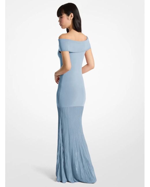 MICHAEL Michael Kors Blue Mk Pleated Stretch Knit Off-The-Shoulder Maxi Dress