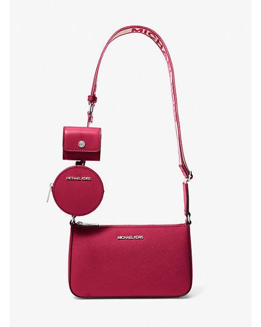 Michael Kors Red Jet Set Small Saffiano Leather Crossbody Bag With Case For Apple Airpods Pro