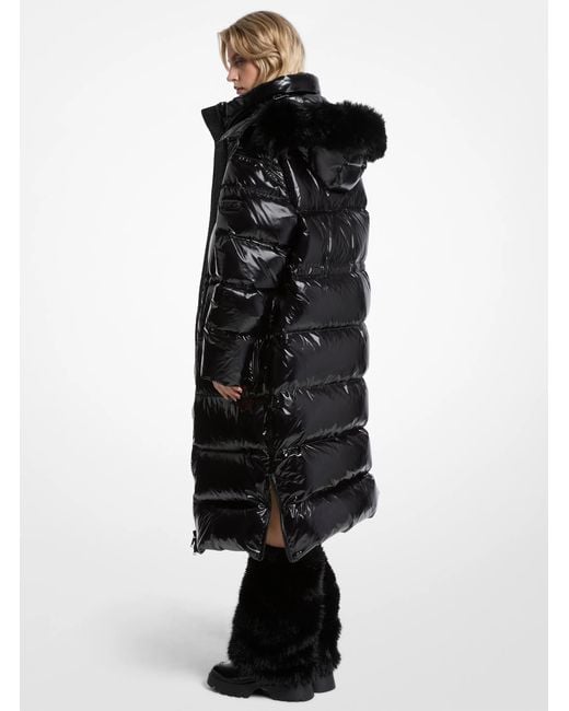MICHAEL Michael Kors Black Mk Faux Fur Trim Nylon Ciré Puffer Coat