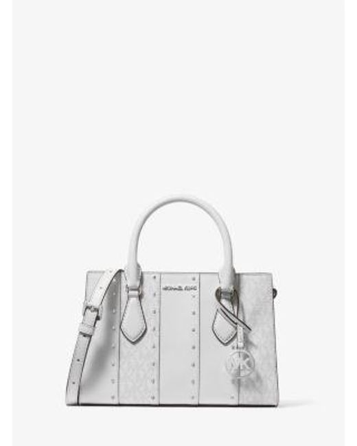 Michael Kors White Sheila Small Studded Patchwork And Signature Logo Satchel