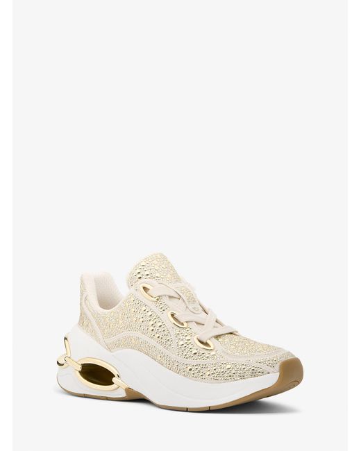 Michael Kors White Mk Toni Embellished Linen Blend Trainer