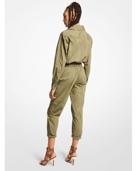 Michael Kors Stretch Organic Cotton Poplin Belted Jumpsuit in Natural