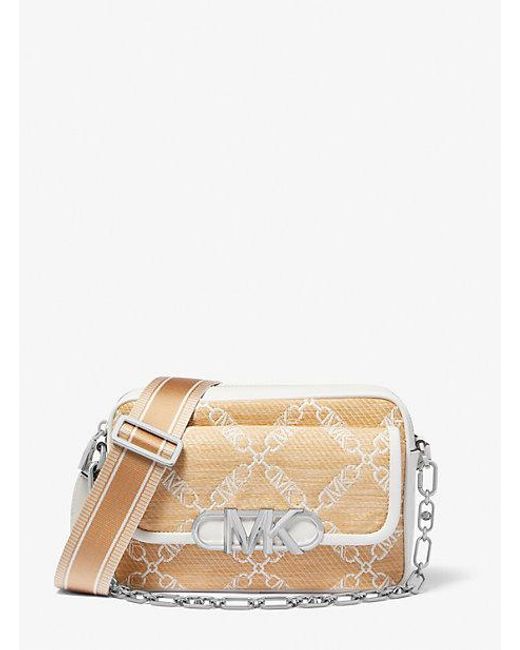 Michael Kors Natural Parker Medium Empire Logo Jacquard Straw Crossbody Bag