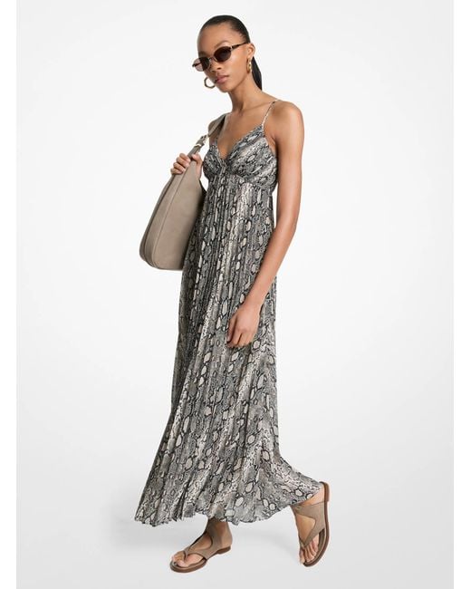 MICHAEL Michael Kors White Mk Snake Print Georgette Pleated Maxi Dress