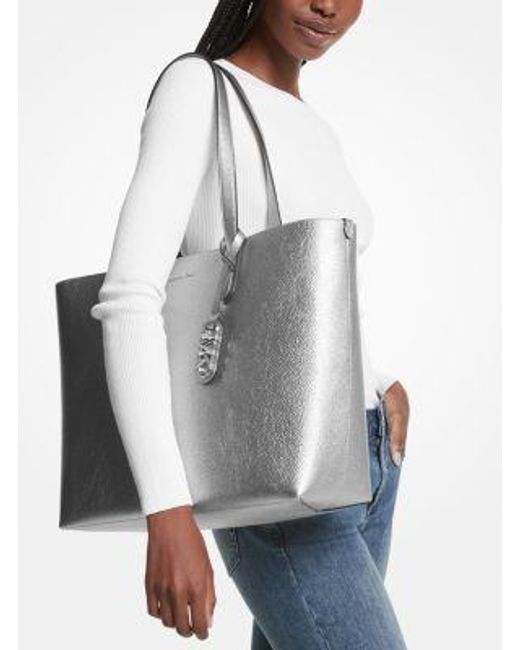 MICHAEL Michael Kors Gray Mk Eliza Extra-Large Metallic Pebbled Leather Reversible Tote Bag