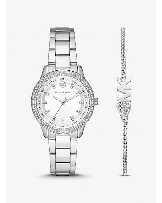 Michael Kors White Mini Tibby Pavé Silver-tone Watch And Bracelet Gift Set