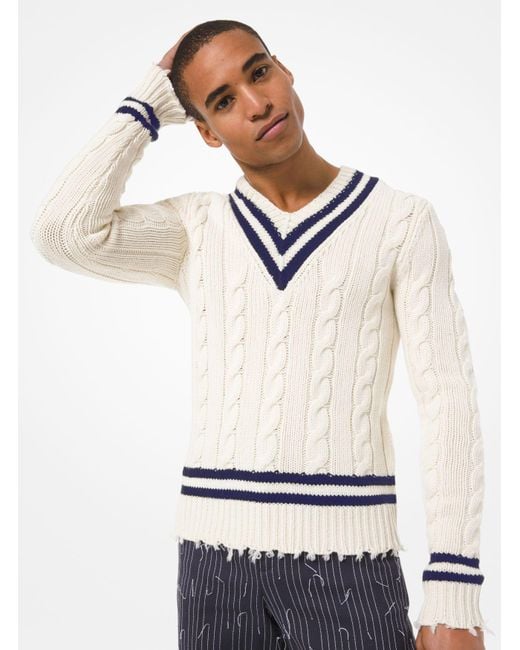 Michael Kors White Hand-knit Cashmere Frayed Tennis Sweater for men