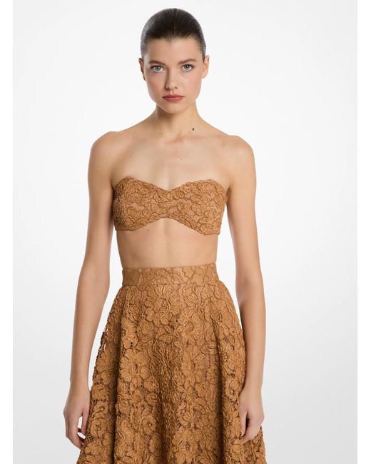 Michael Kors Brown Mk Hand-Embroidered Floral Lace Bandeau Top