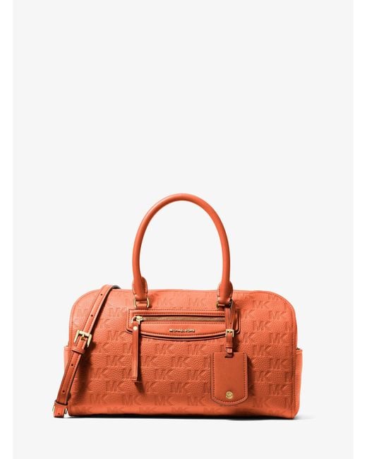 MICHAEL Michael Kors Brown Jet Set Travel Medium Logo Embossed Leather Duffel Crossbody Bag