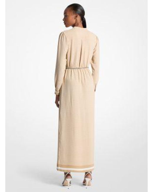 Michael Kors Natural Logo Print Satin Belted Maxi Dress