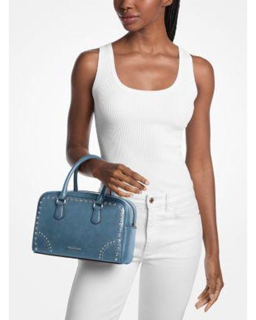 Michael Kors Blue Thompson Medium Distressed Studded Satchel