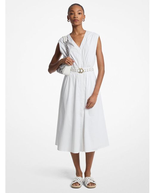 Michael Kors White Mk Stretch Cotton Poplin Belted Midi Dress