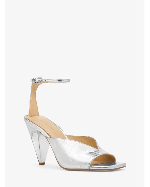 MICHAEL Michael Kors White Mk Electra Metallic Crocodile Embossed Leather Sandal