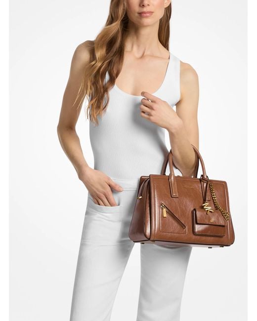 MICHAEL Michael Kors Brown Mk Laila Medium Crackled Leather Satchel With Card Case
