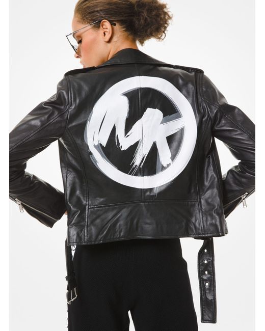 Michael Kors Black Bikerjacke aus Leder mit Logo im Pinselzeichnungs-Stil